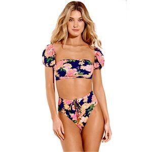 Floral Blue & Pink Bandeau Ruched Swim Top – Size‎ M